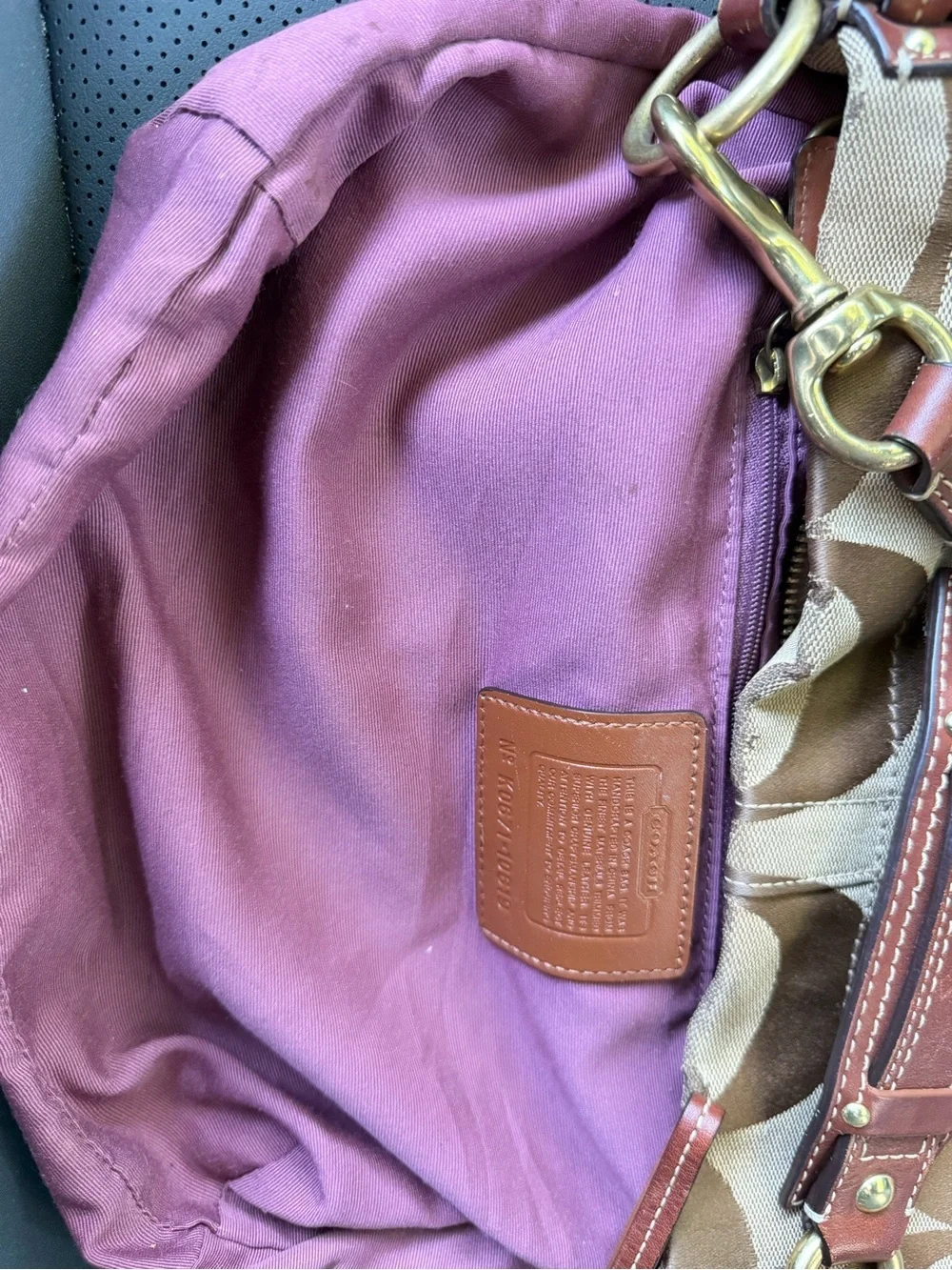 Coach Carly Signature Brown Khaki Jacquard Leather Shoulder Bag Y2K Boho